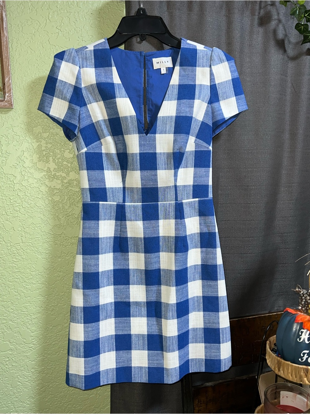 Milly Blue and White Gingham V-Neck Short Sleeve Dress Linen Cotton